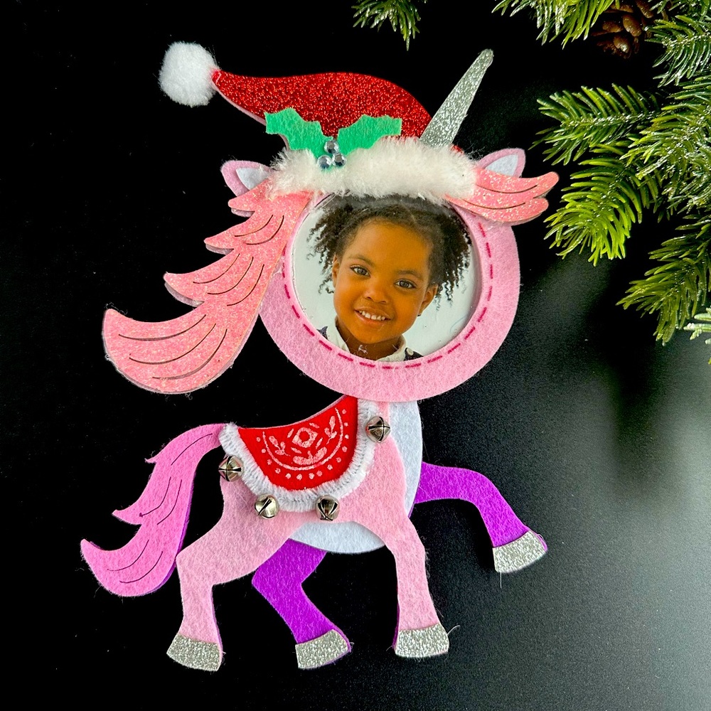 Unicorn Felt Photo Frame Christmas Ornament with Jingle Bells